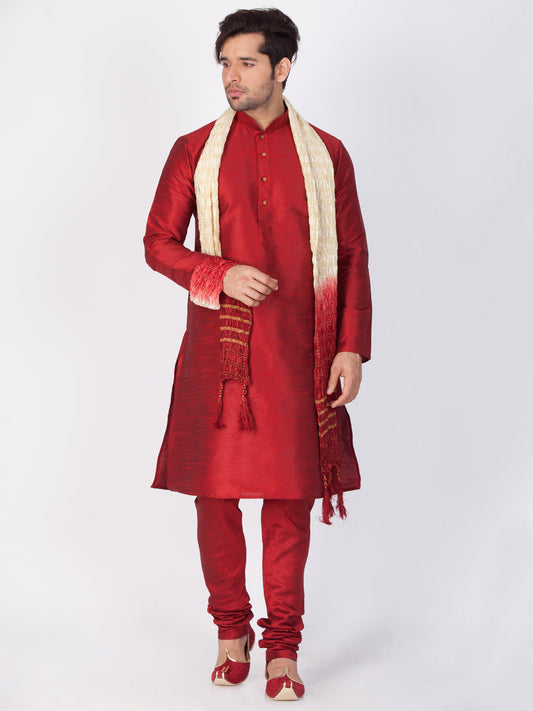 Vastramay Vastramay Men's Maroon Cotton Silk Blend Kurta, Pyjama & Dupatta Set