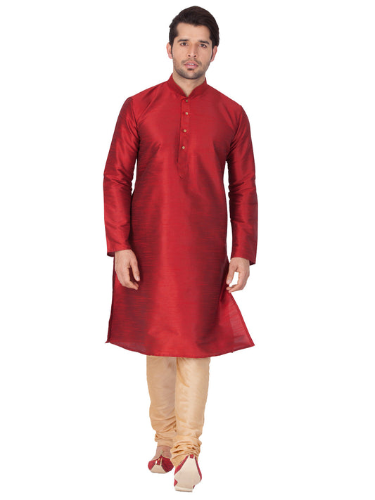 Vastramay Vastramay Men's Maroon Cotton Silk Blend Kurta and Pyjama Set