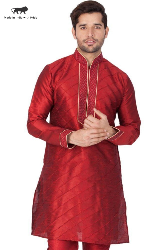 Vastramay Men's Maroon Silk Blend Kurta