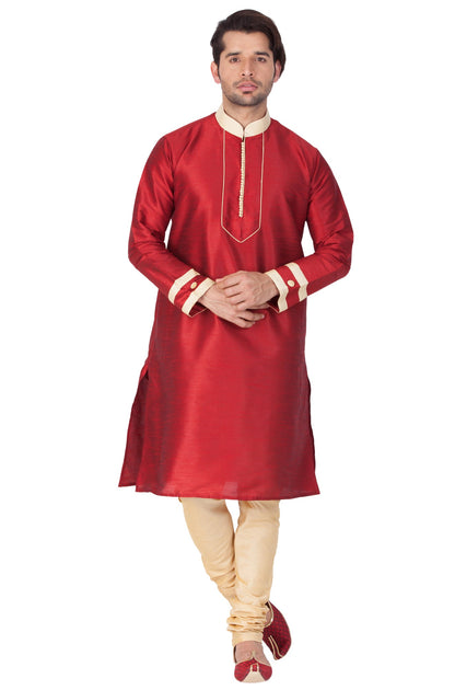 Vastramay Men's Maroon Silk Blend Kurta