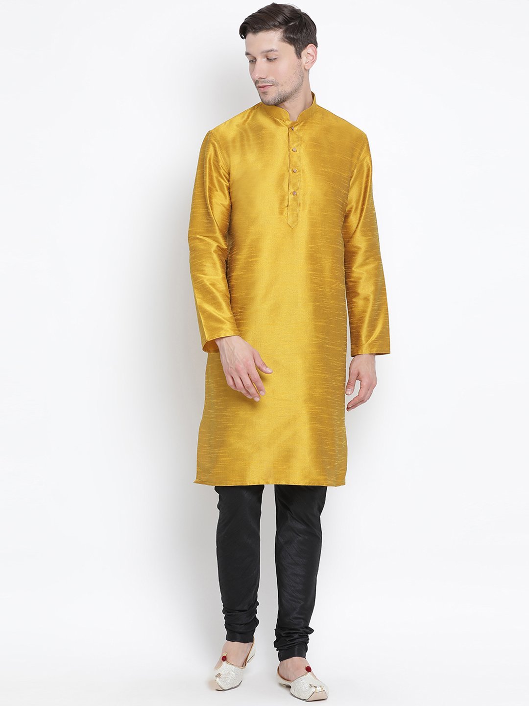 Vastramay Vastramay Men's Yellow Cotton Silk Blend Kurta and Pyjama Set