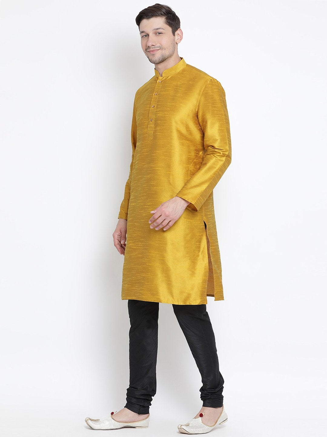 Vastramay Men's Yellow Cotton Silk Blend Kurta and Pyjama Set