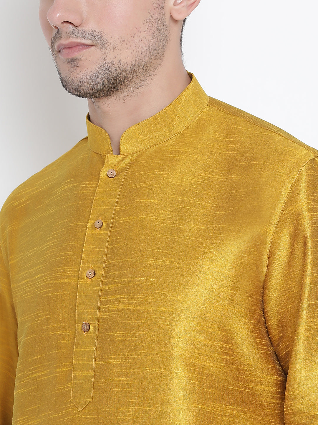 Vastramay Men's Yellow Cotton Silk Blend Kurta and Pyjama Set