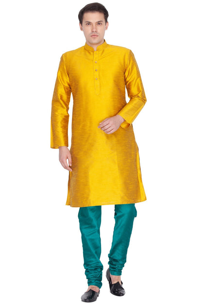 Vastramay Vastramay Men's Gold Cotton Silk Blend Kurta and Pyjama Set