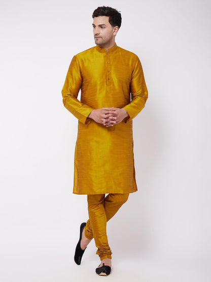 Vastramay Men's Mustard Solid Silk Blend Kurta Pyjama Set