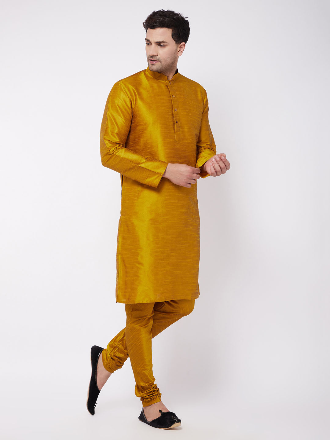 Vastramay Men's Mustard Solid Silk Blend Kurta Pyjama Set