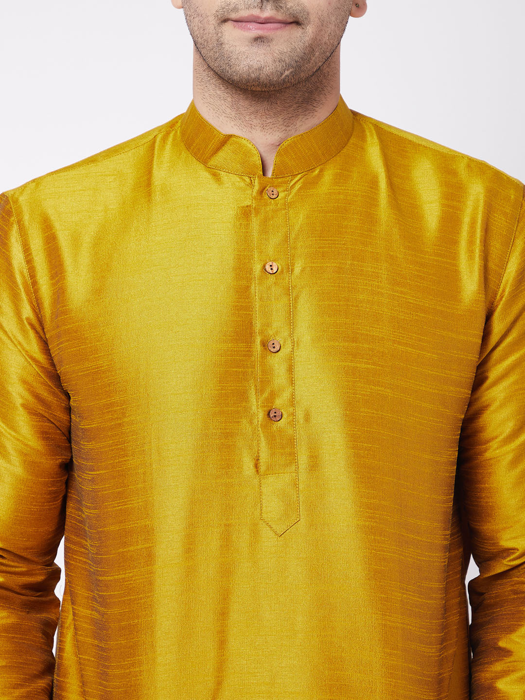 Vastramay Men's Mustard Solid Silk Blend Kurta Pyjama Set