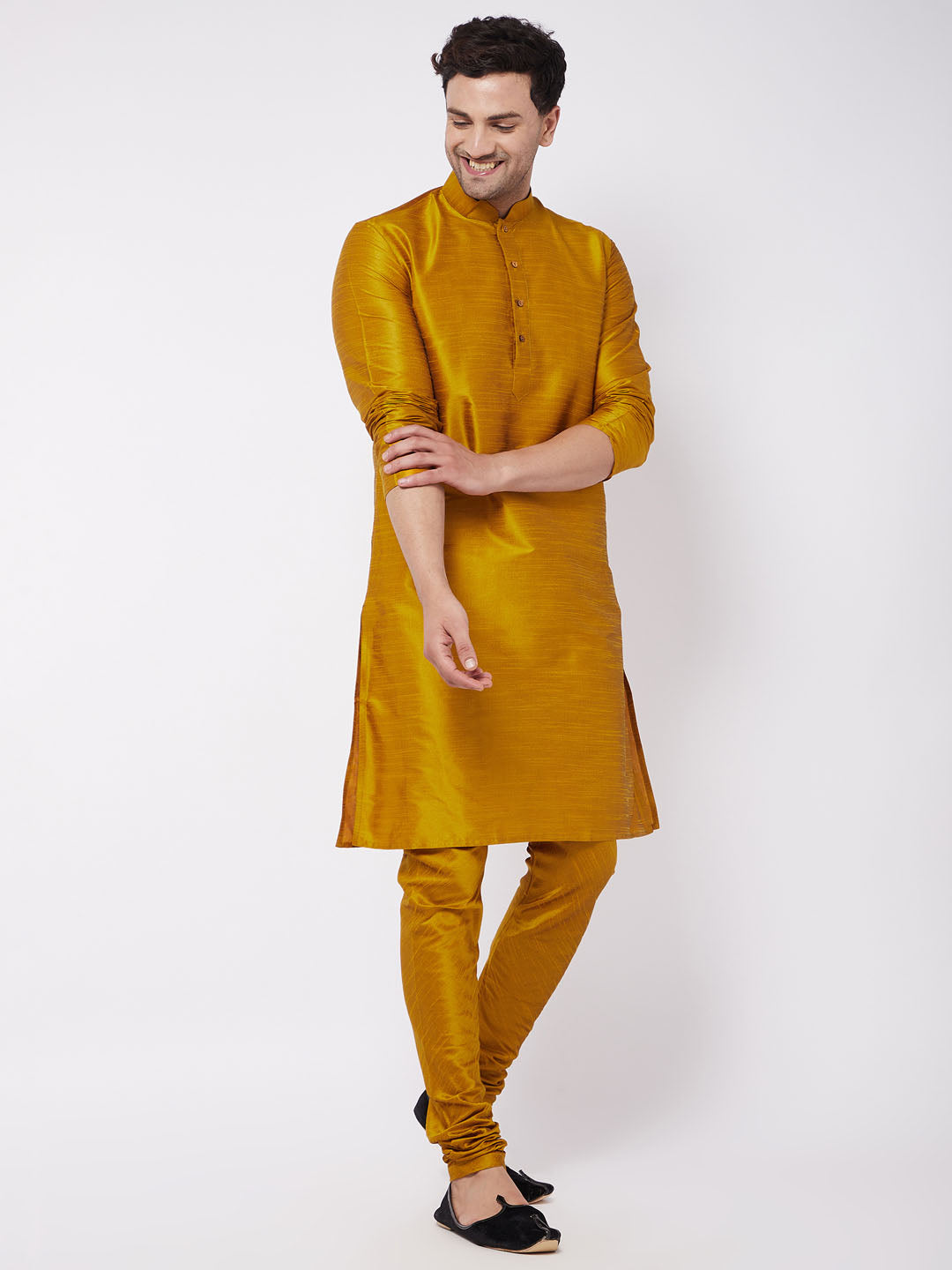 Vastramay Men's Mustard Solid Silk Blend Kurta Pyjama Set