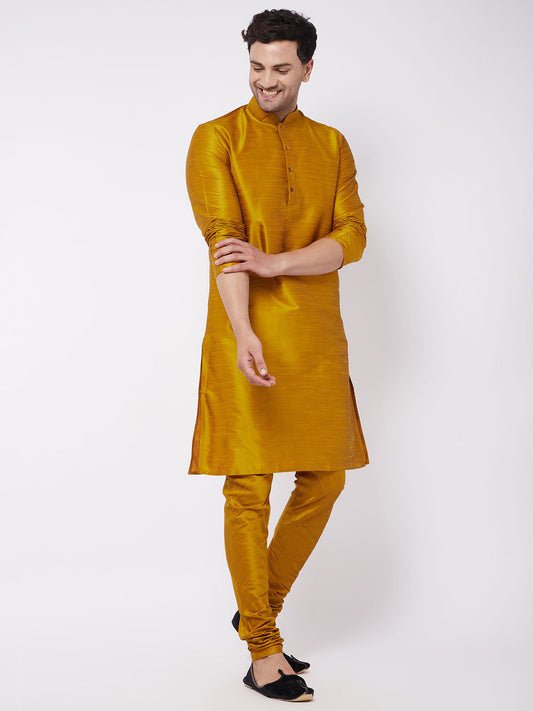 Vastramay Men's Mustard Solid Silk Blend Kurta Pyjama Set