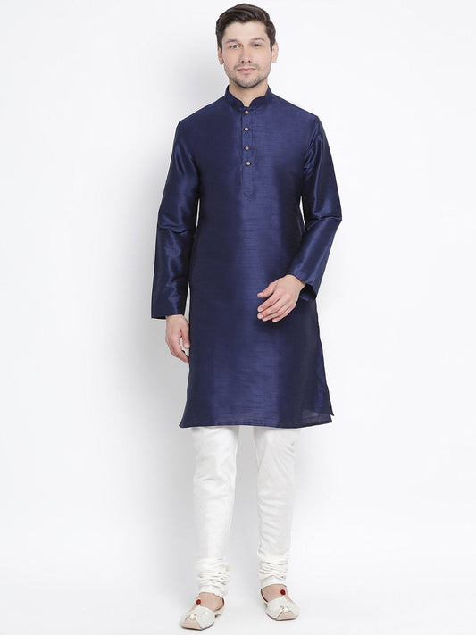 Vastramay Vastramay Men's Dark Blue Cotton Silk Blend Kurta and Pyjama Set