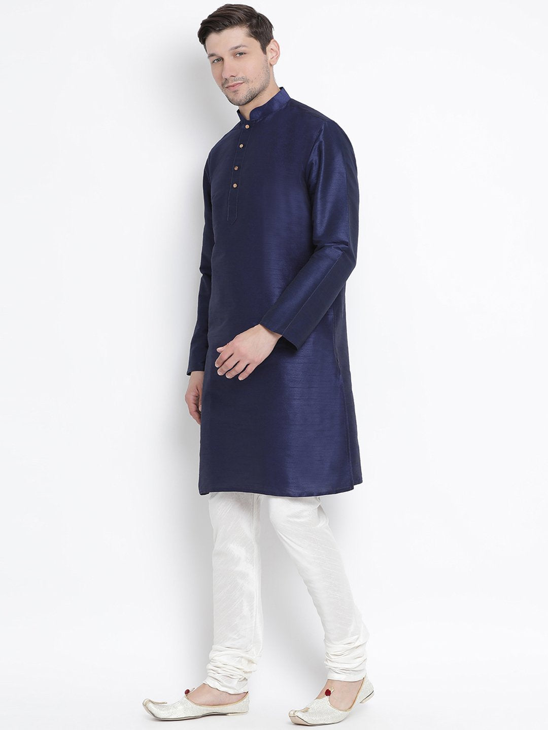 Vastramay Men's Dark Blue Cotton Silk Blend Kurta and Pyjama Set