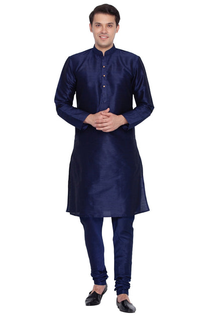 Vastramay Vastramay Men's Dark Blue Cotton Silk Blend Kurta and Pyjama Set