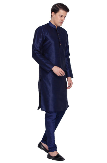 Vastramay Men's Dark Blue Cotton Silk Blend Kurta and Pyjama Set