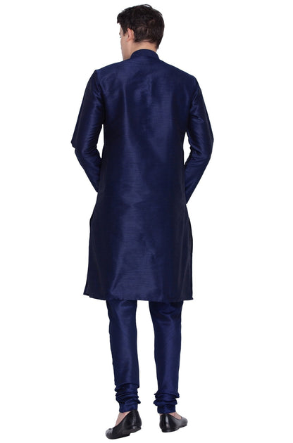 Vastramay Men's Dark Blue Cotton Silk Blend Kurta and Pyjama Set