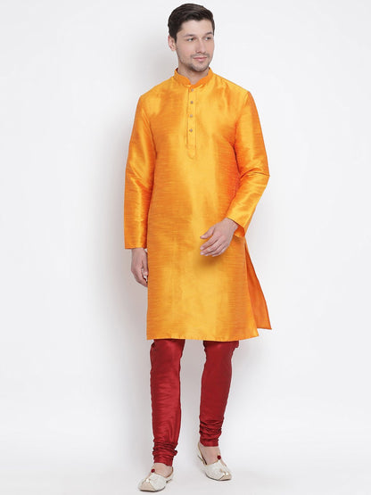 Vastramay Vastramay Men's Orange Cotton Silk Blend Kurta and Pyjama Set