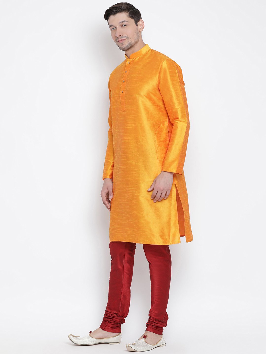 Vastramay Men's Orange Cotton Silk Blend Kurta and Pyjama Set