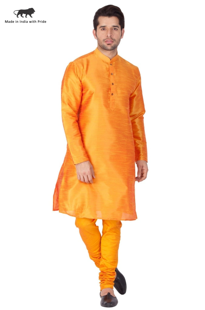 Vastramay Vastramay Men's Orange Cotton Silk Blend Kurta and Pyjama Set