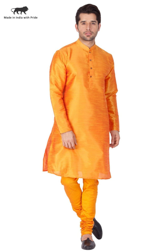 Vastramay Vastramay Men's Orange Cotton Silk Blend Kurta and Pyjama Set