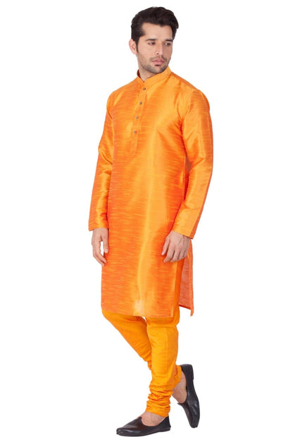 Vastramay Men's Orange Cotton Silk Blend Kurta and Pyjama Set