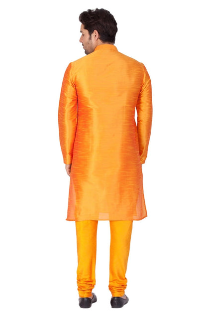 Vastramay Men's Orange Cotton Silk Blend Kurta and Pyjama Set