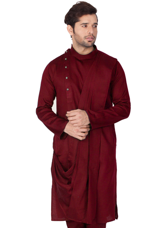 Vastramay Men's Maroon Cotton Kurta and Pyjama Set