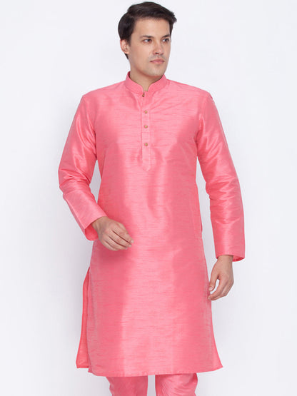 Vastramay Men's Pink Cotton Silk Blend Kurta