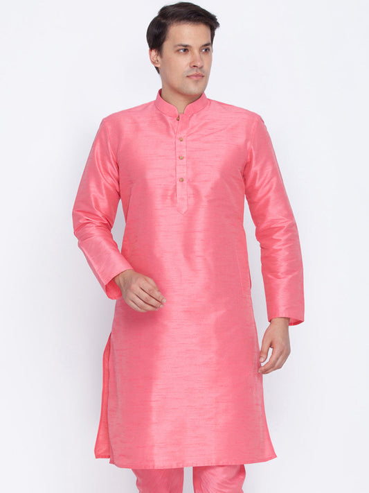 Vastramay Men's Pink Cotton Silk Blend Kurta