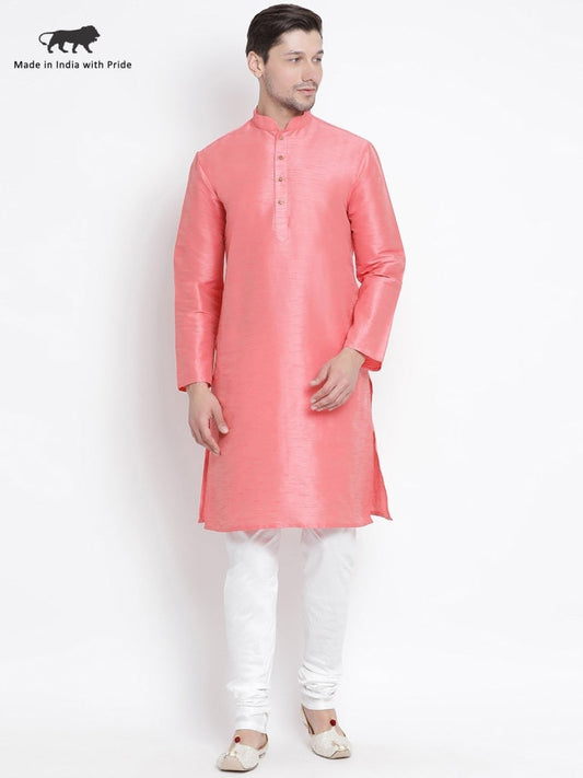 Vastramay Vastramay Men's Pink Cotton Silk Blend Kurta and Pyjama Set