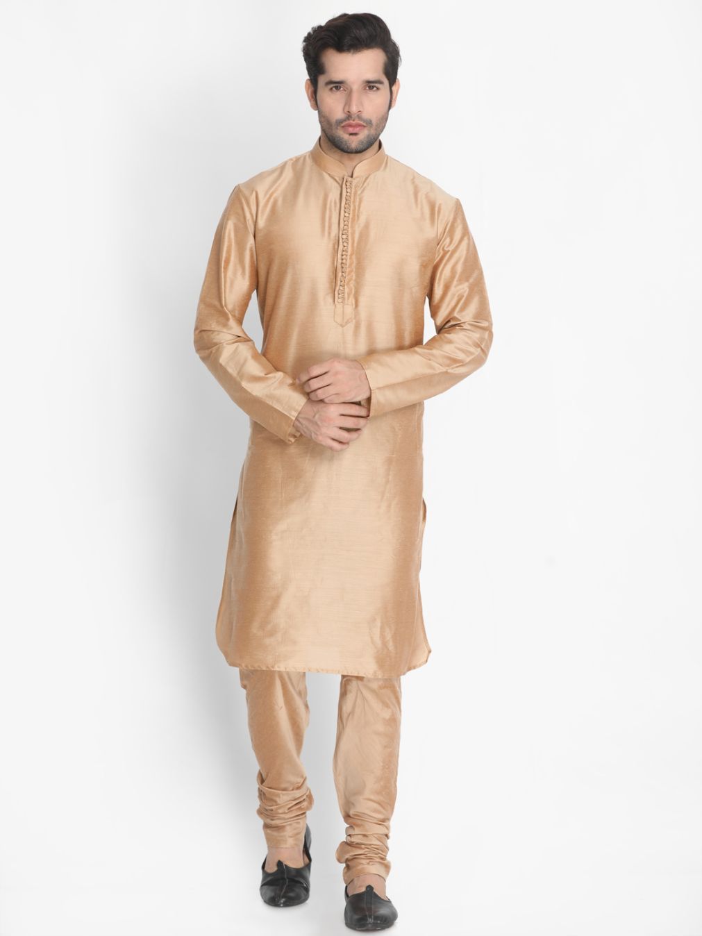 Vastramay Men's Gold Cotton Silk Blend Kurta