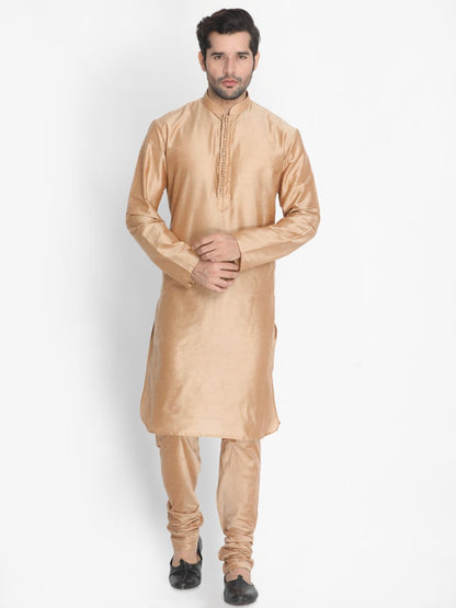 Vastramay Men's Gold Cotton Silk Blend Kurta