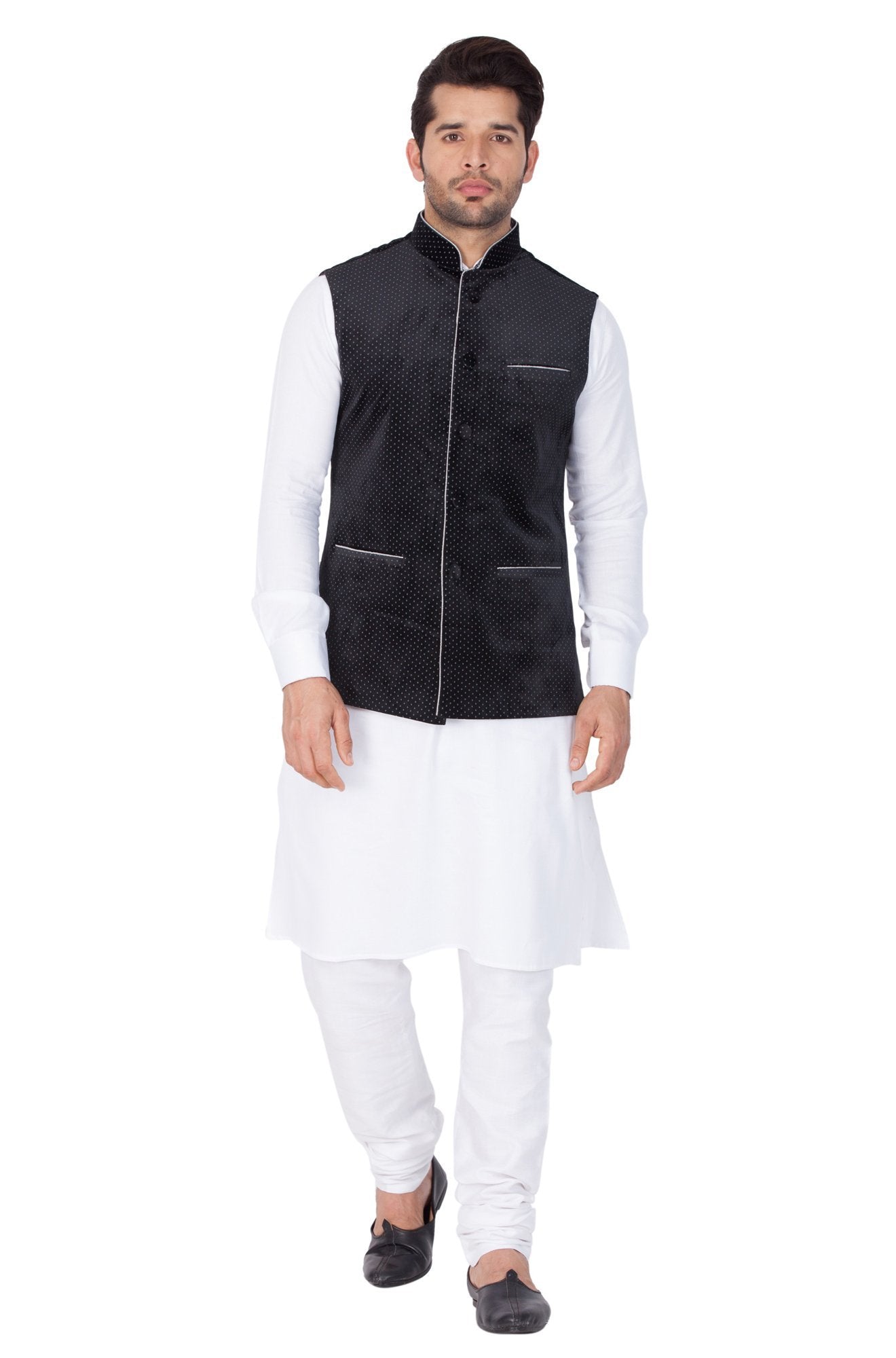 Vastramay Men's White Cotton Kurta, Black Ethnic Jacket and Pyjama Set