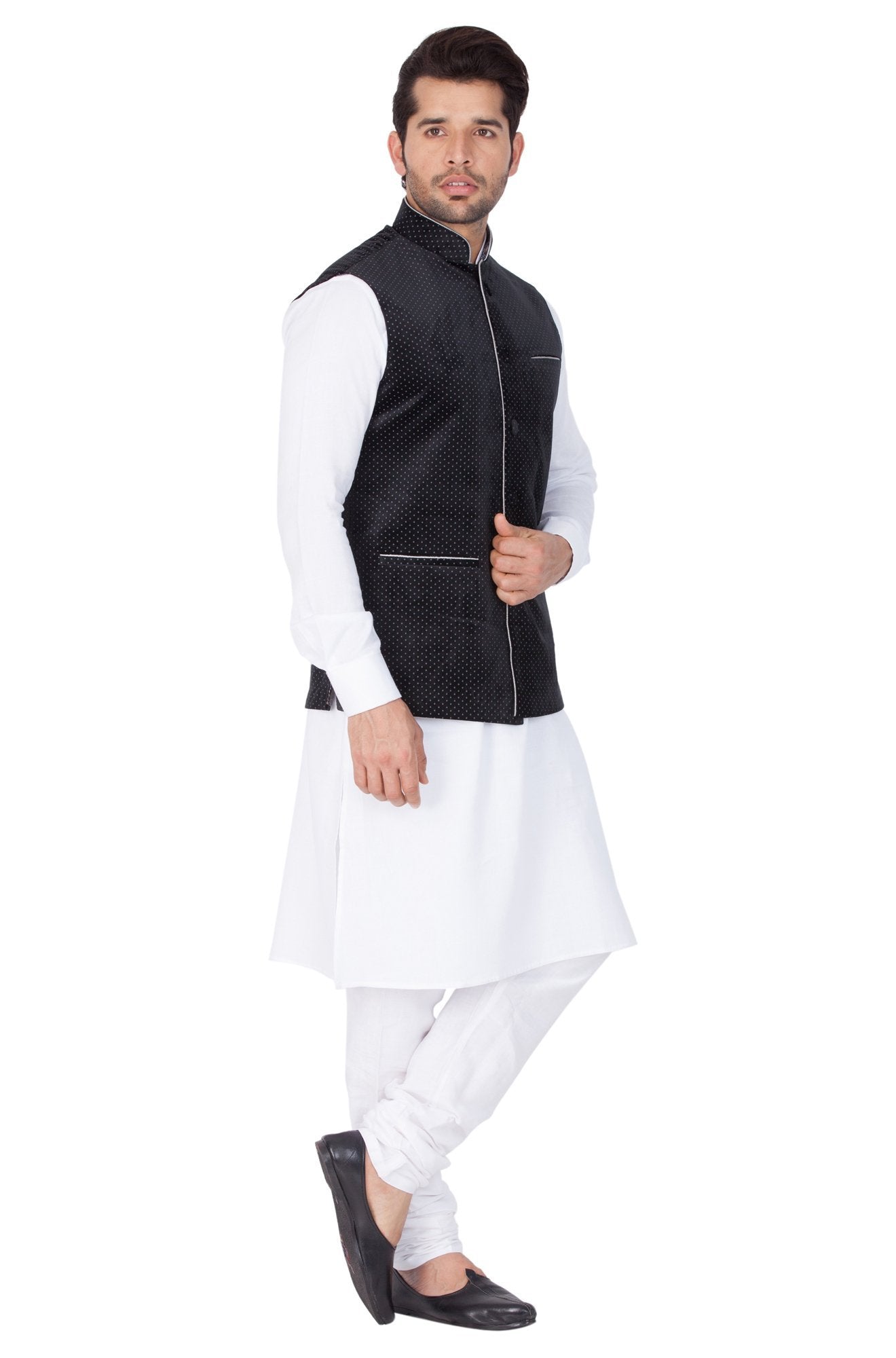 Vastramay Men's White Cotton Kurta, Black Ethnic Jacket and Pyjama Set