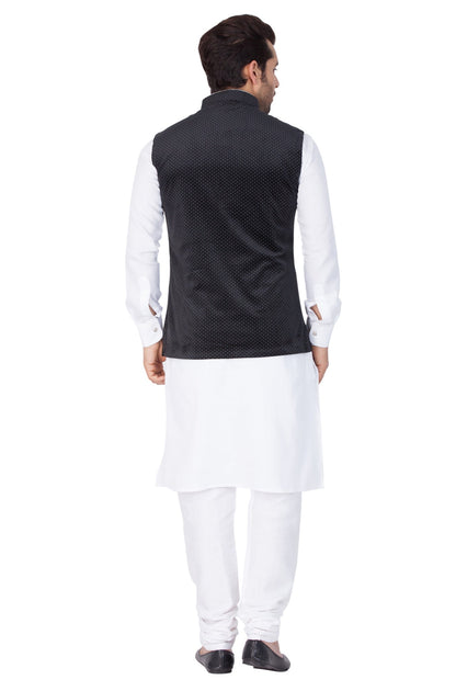 Vastramay Men's White Cotton Kurta, Black Ethnic Jacket and Pyjama Set