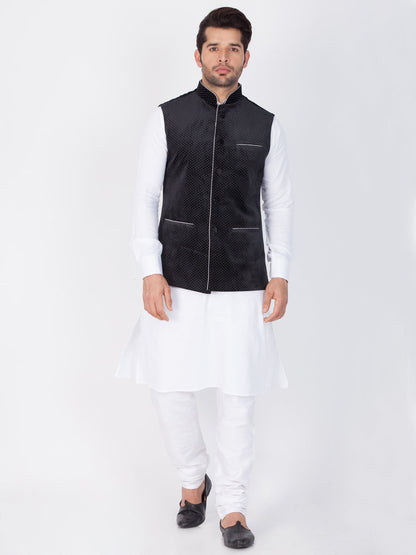 Vastramay Cotton White And Black Baap Beta Jacket Kurta Pyjama set