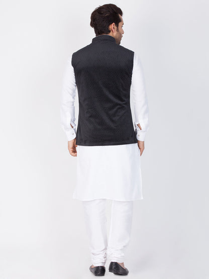 Vastramay Cotton White And Black Baap Beta Jacket Kurta Pyjama set