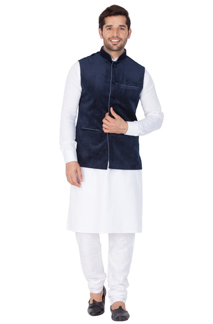 Vastramay Men's White Cotton Kurta, Blue Ethnic Jacket and Pyjama Set