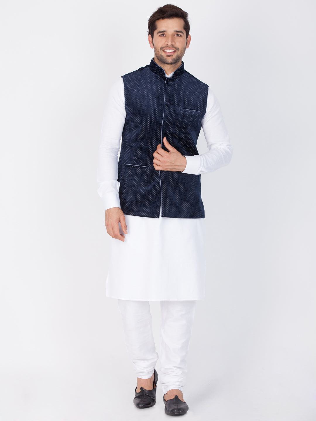 Vastramay Cotton White And Blue Baap Beta Jacket Kurta Pyjama set