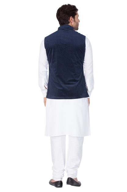 Vastramay Men's White Cotton Kurta, Blue Ethnic Jacket and Pyjama Set