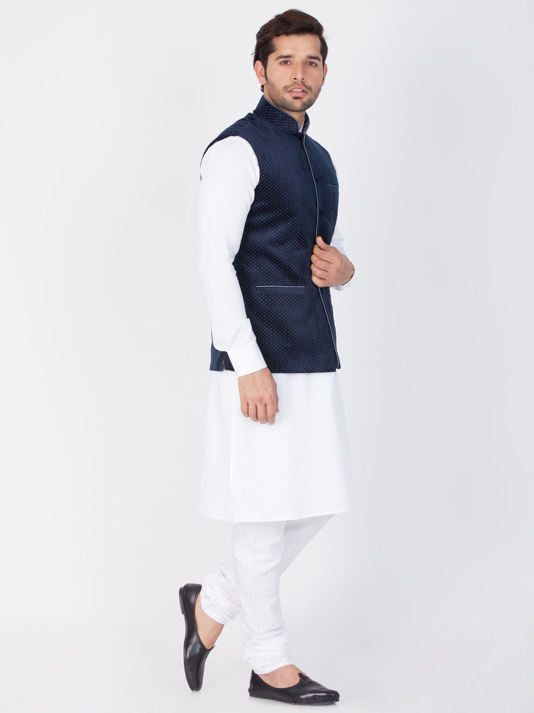 Vastramay Cotton White And Blue Baap Beta Jacket Kurta Pyjama set