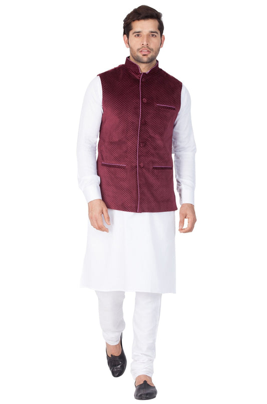 Vastramay Men's White Cotton Kurta, Maroon Ethnic Jacket and Pyjama Set