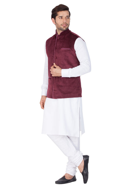 Vastramay Men's White Cotton Kurta, Maroon Ethnic Jacket and Pyjama Set