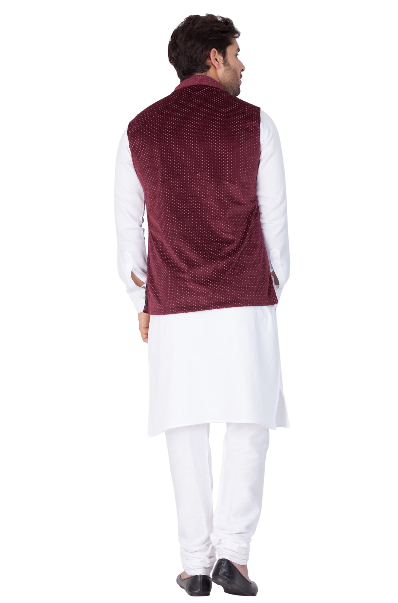 Vastramay Men's White Cotton Kurta, Maroon Ethnic Jacket and Pyjama Set