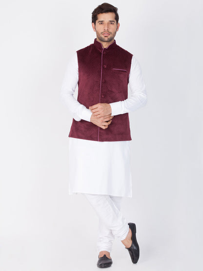 Vastramay Cotton White And Maroon Baap Beta Jacket Kurta Pyjama set