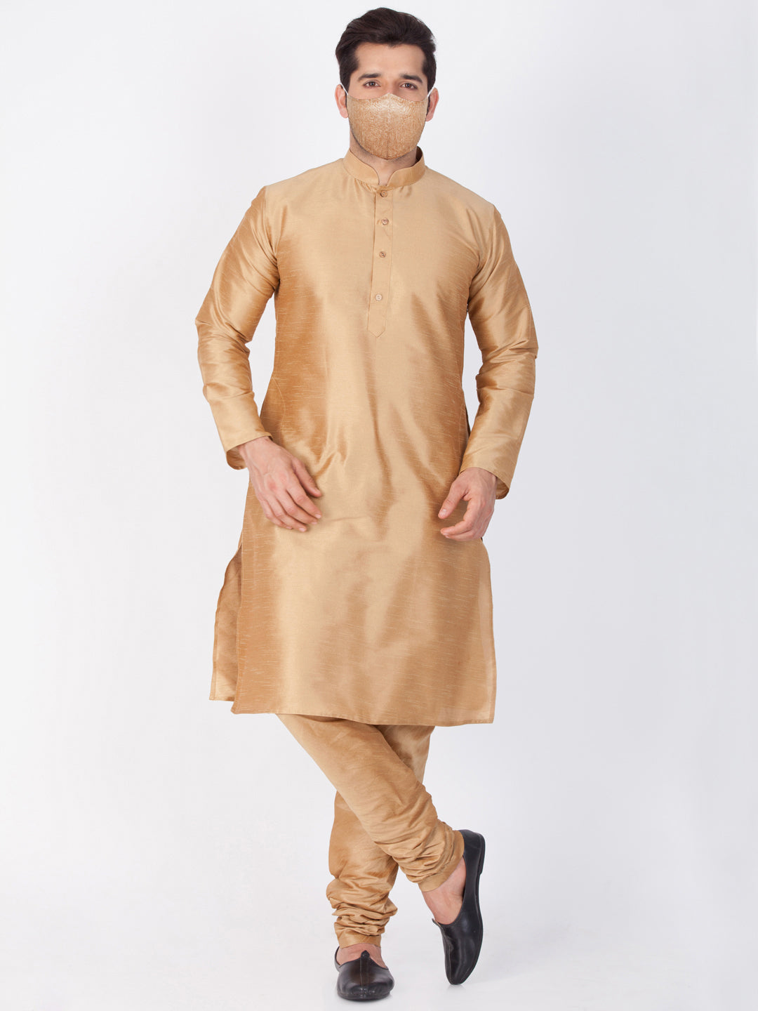 Vastramay Vastramay Men's Gold Cotton Silk Blend Kurta and Pyjama Set