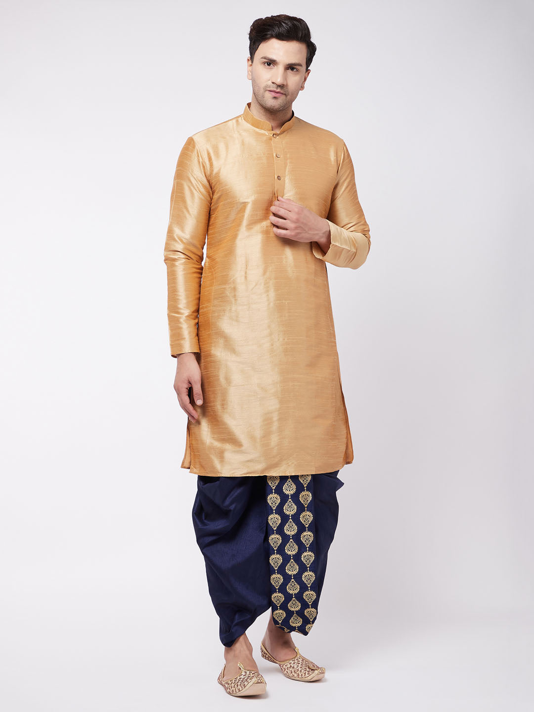 Vastramay Men's Rose Gold And Navy Blue Silk Blend Kurta And Dhoti Set