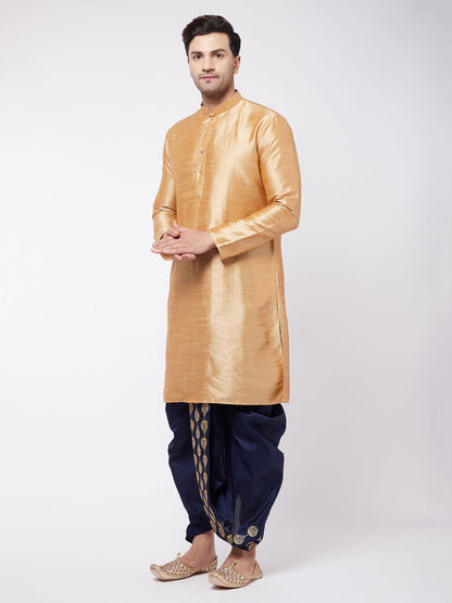 Vastramay Men's Rose Gold And Navy Blue Silk Blend Kurta And Dhoti Set