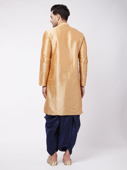 Vastramay Men's Rose Gold And Navy Blue Silk Blend Kurta And Dhoti Set