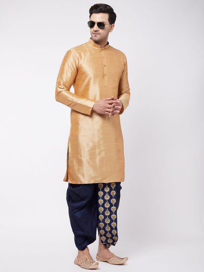 Vastramay Men's Rose Gold And Navy Blue Silk Blend Kurta And Dhoti Set