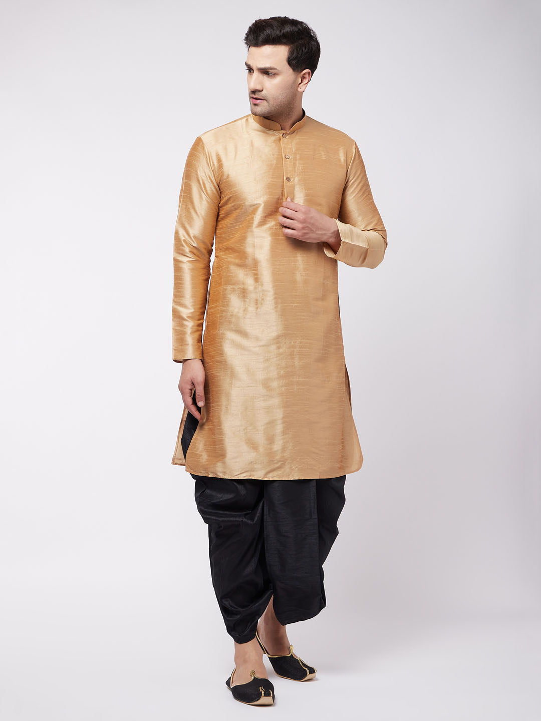 Vastramay Men's Rose Gold And Black Silk Blend Kurta And Dhoti Set