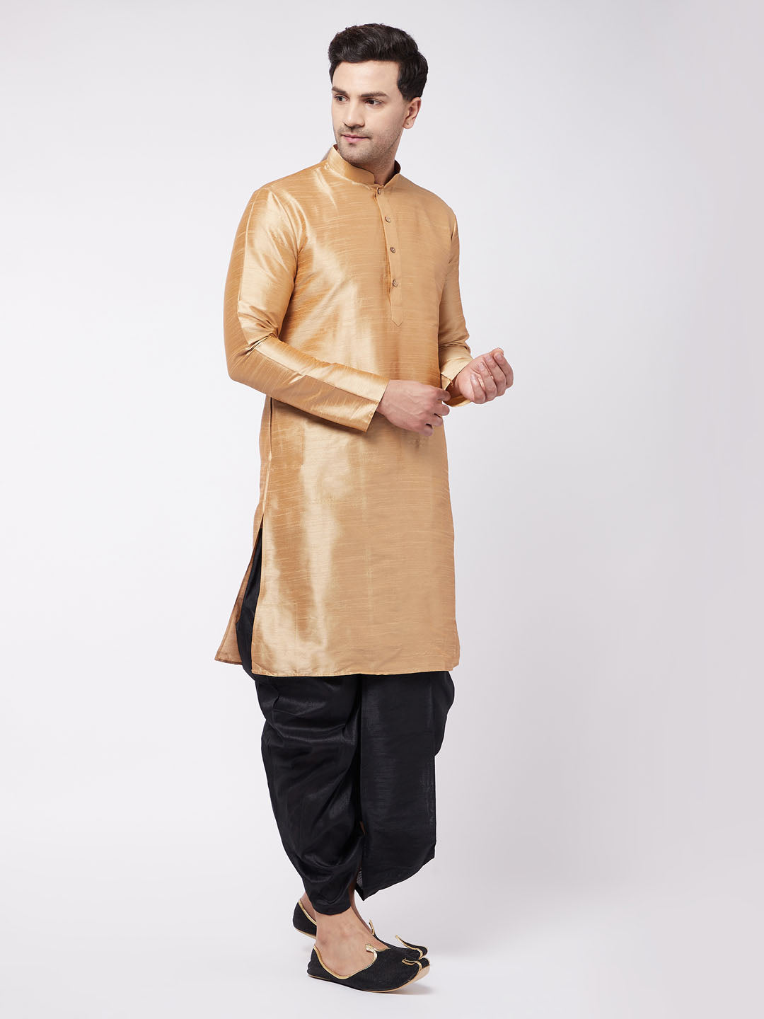 Vastramay Men's Rose Gold And Black Silk Blend Kurta And Dhoti Set